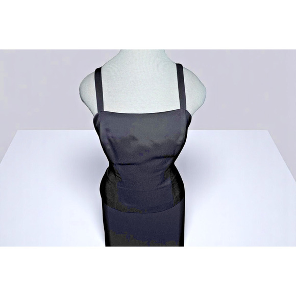 Alex Evenings Petite 8P Black Sleeveless Midi Dress | Square Neck Satin Bodice - Picture 3 of 7